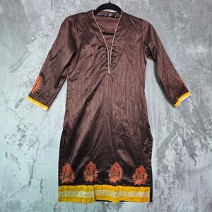 Globus Kids Brown Embroidered Kurti Tunic Top V-Neck Festive Size M